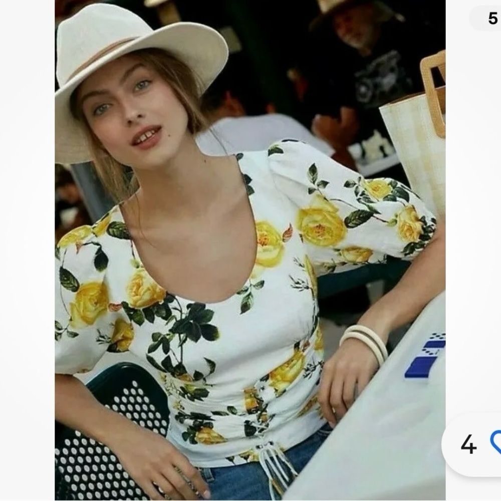 Steele x Anthro Corseted Rose Top Lace Up Puff Sleeve Crop White Yellow L